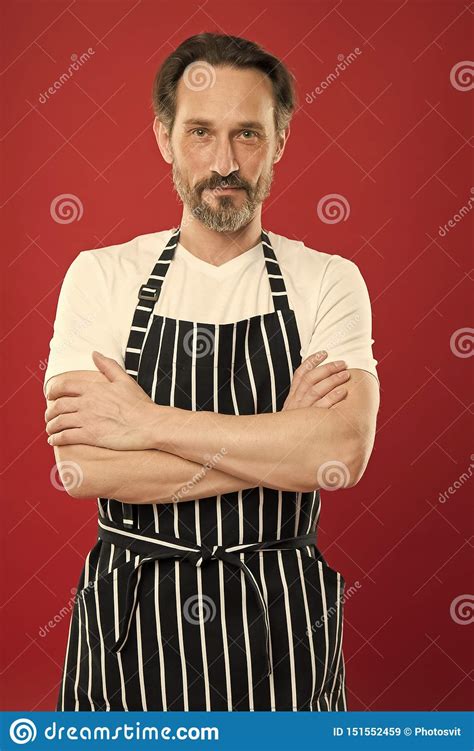 Handsome And Confident Mature Person In Cooking Apron Bearded Mature Man In Striped Apron