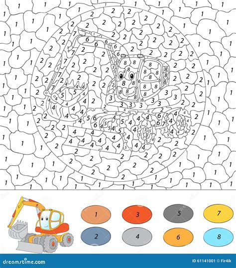 Color By Number Educational Game For Kids Cartoon Excavator Stock