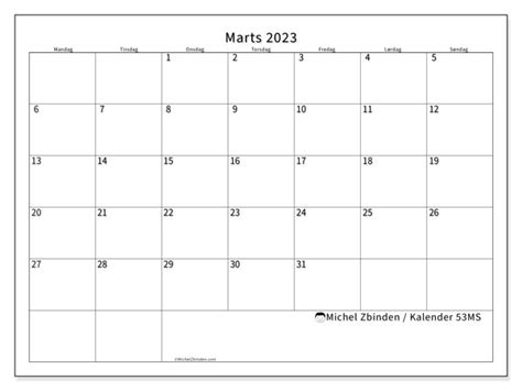 Kalender Marts 2023 Til Print Danmark Michel Zbinden DA