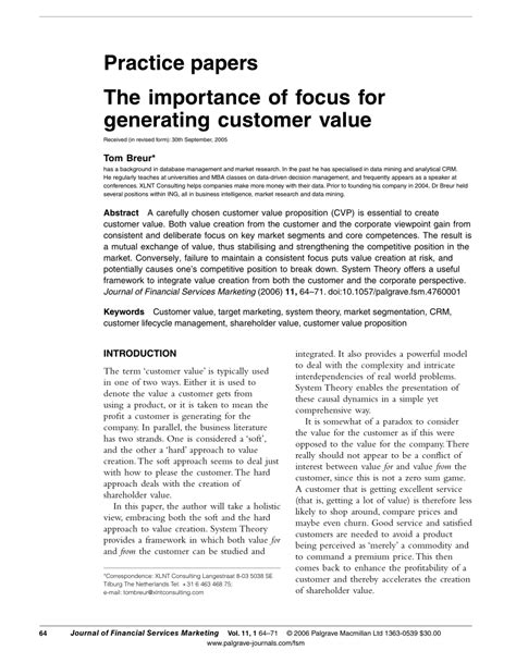 A business can never place too much emphasis on its customers. (PDF) The importance of focus for generating customer value
