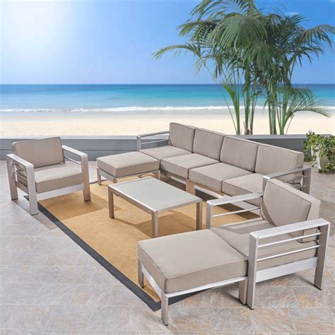 7 Piece Silver Contemporary Outdoor Furniture Patio Sectional Sofa Set Brown Cushions