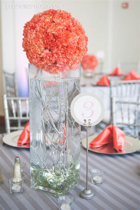Tall Coral Centerpiece With Curly Willow Modern Coral And Gray Wedding