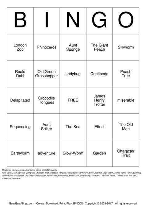 James And The Giant Peach Bingo Cards To Download Print And Customize