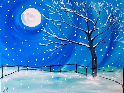 Falling Snow Christmas Paintings Winter Art Lesson Easy Canvas Painting
