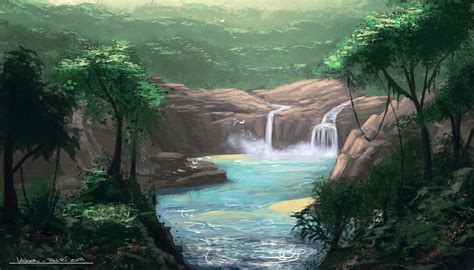 Painting Nature Landscape River Waterfall Birds Flight