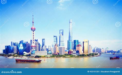 Shanghai Skyline Panoramablick Von Shanghai Skylinen Und Der Huangpu