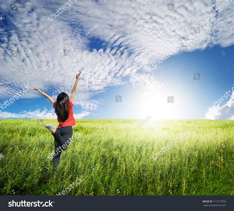 Happy Woman Jump Grass Fields Blue Stock Photo 111317033 Shutterstock