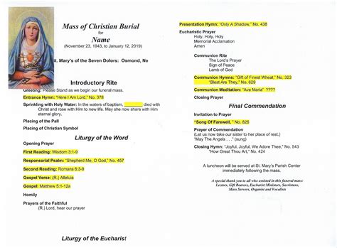Funeral Program St Mary Of The Seven Dolors