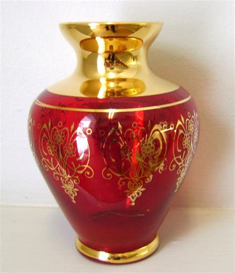 Vintage Vase Red Glass Gold Trim Scrolls Flowers Art Glass Ornament Ruby Red Glass 24k Gold