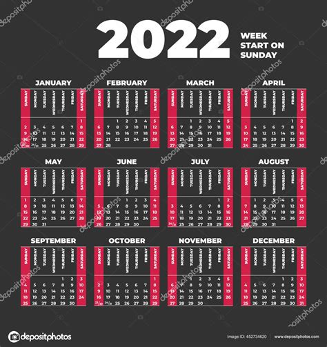 2022 Plantilla De Calendario Con Semanas De Inicio El Domingo Vector