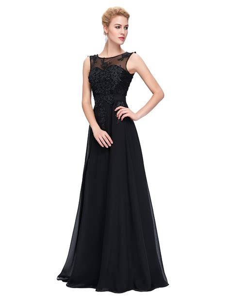 Black Illusion Chiffon Floor Length Prom Dress Formal Gownevening Dress With Lace Appliques On