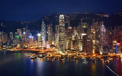 Papéis De Parede Hong Kong Noite Noite Cidade Baía Arranha Céus