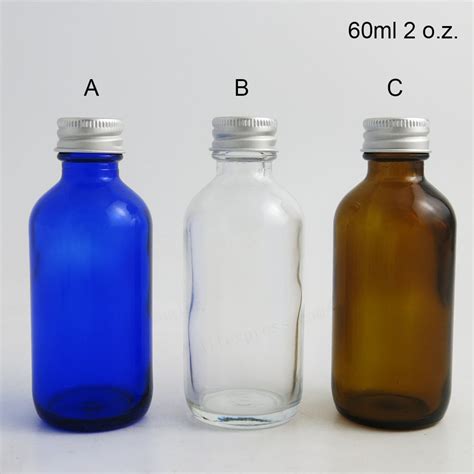 200 X 60ml Cobalt Blue Clear Refillable 2 Oz Amber Boston Round Glass Bottles With Silver