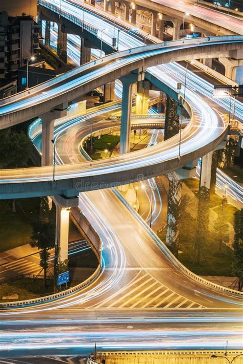 Urban Elevated Road Junction And Interchange Overpass At Night Stock Photo Image Of City