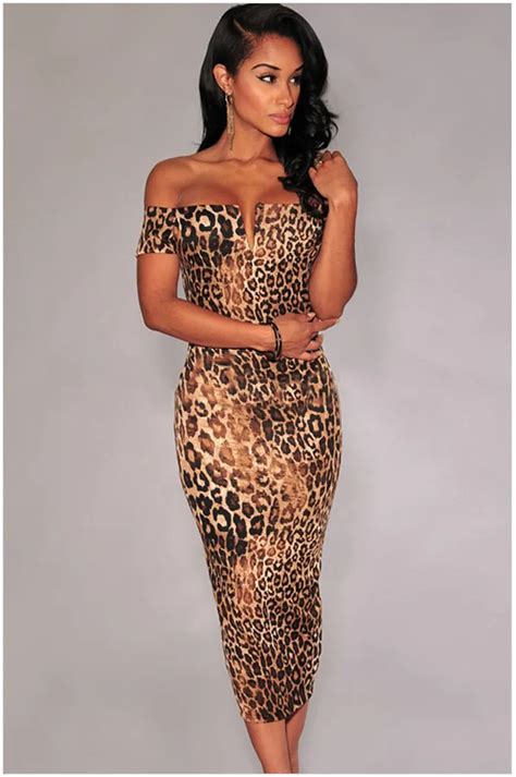 Free Shipping 2016 New Sexy Leopard Print Off The Shoulder Midi Dress
