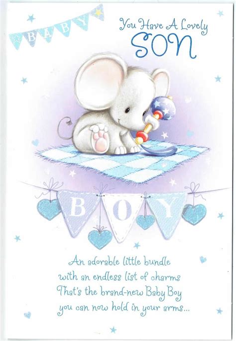 These cute well wishes and congratulations are great examples of what to say to someone who has just welcomed their newborn baby boy. New Baby Boy Card With Cute Elephant Design And Sentiment ...