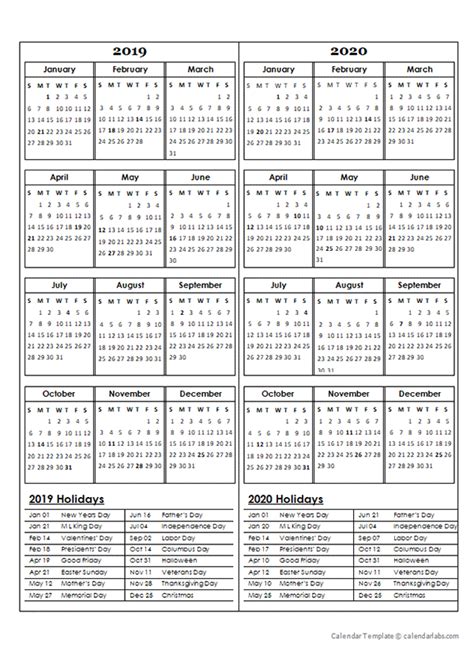 Two Year Calendar Template 2019 And 2020 Free Printable Templates