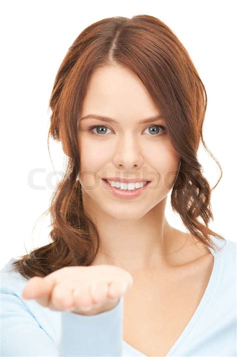 Beautiful Woman Showing Something On The Palm Of Her Hand Stock Image