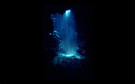 Underwater Cave Diver Blue Black Sunlight Hd Wallpaper Nature And