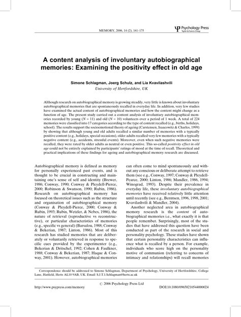 Pdf A Content Analysis Of Involuntary Autobiographical Memories