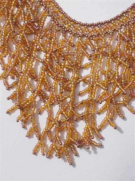 Golden Seed Bead Branching Waterfall Beaded Statement Necklace Etsy