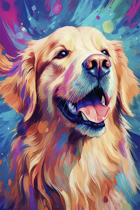 A Painting Of A Golden Retriever Dog With Colorful Paint Splatters On