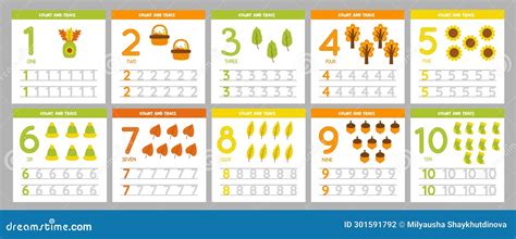 Set Of Number Tracing Flashcards With Cute Autumn Items Stock Photo
