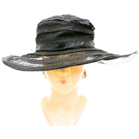 Antique Hat Vintage Wide Brimmed Summer Victorian Black Horsehair Stra