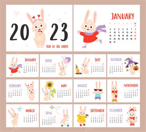 Gambar Kalender Bulanan Tahunan 2023 Dengan Kelinci Lucu Templat Untuk