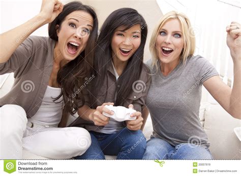 Beautiful Women Friends Playing Video Games Stock Image Image Of