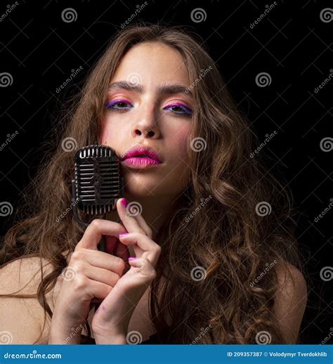 Karaoke Woman Girl Singer With Microphone Sensual Vintage Girl Singer Concert Sing Stock
