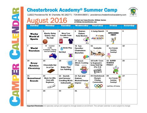 2016 Preschool August Camper Calendar Chesterbrook Academy