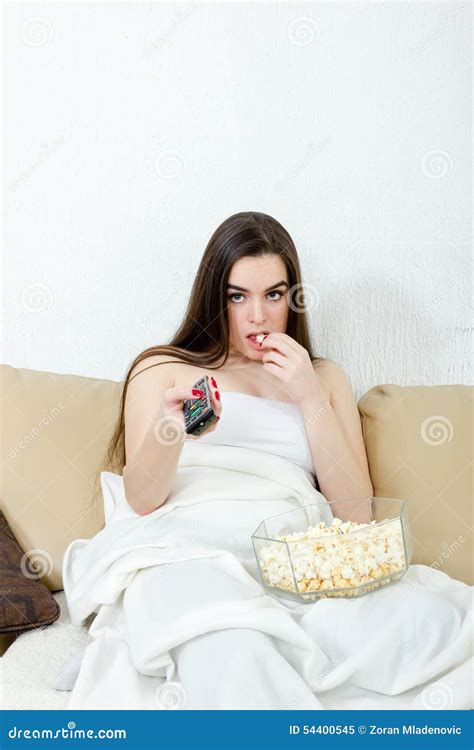 Woman Is Sitting Home Alone On Saturday Night Stock Image Image Of