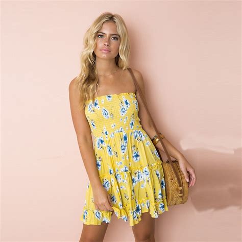 Buy Summer Dress Women 2018 Sexy Strapless Stitching Printing Ruffles Dresses
