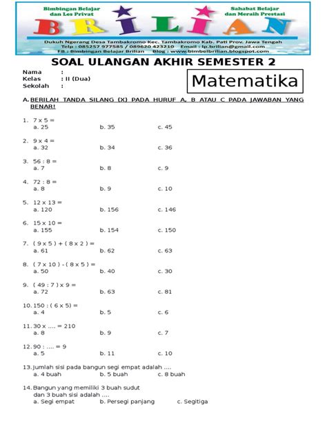 Soal Uas Matematika Kelas 2 Sd Semester 1 Pdf Daftar Harga Oven Kue