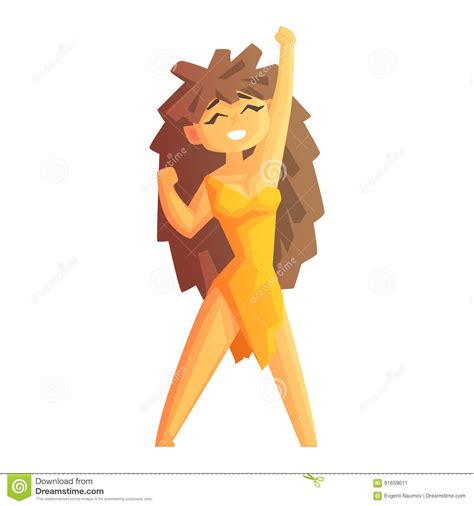 A Cheerful Cave Girl With Her Hand Raised Stone Age Character