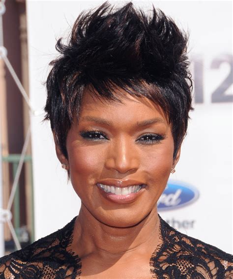 Angela Bassett Short Straight Casual Pixie Hairstyle With Side Swept Bangs Black Hair Color