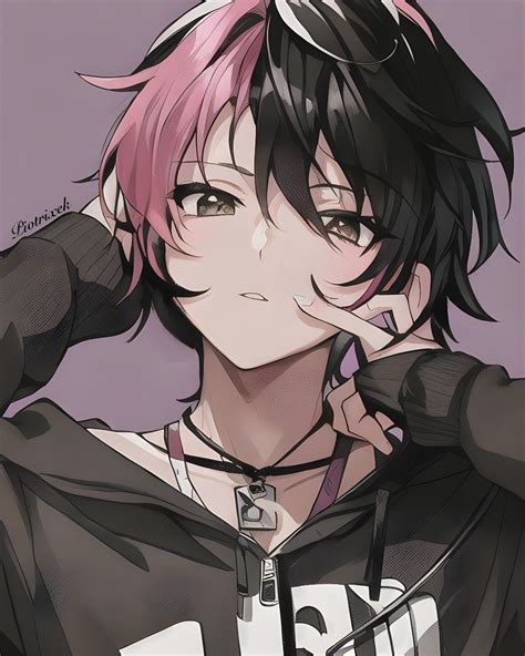 Anime Boy With Pink Black Hair Created By Piotrixek Black Hair Anime