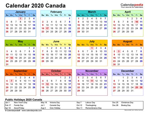 Canada Calendar 2020 Free Printable Pdf Templates