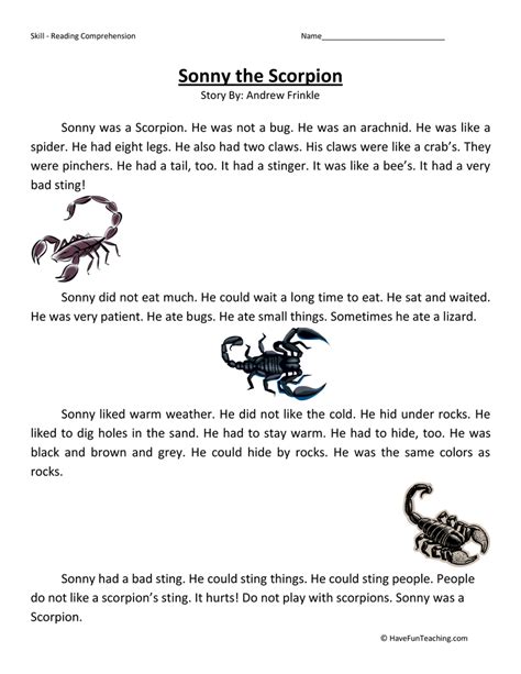 Sonny The Scorpion Reading Comprehension Worksheet Have Fun Teaching