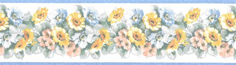 Prepasted Wallpaper Border Floral Periwinkle Yellow Pink Flowers On