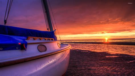 Sailing boat on a sunset beach wallpaper - Photography wallpapers - #35188