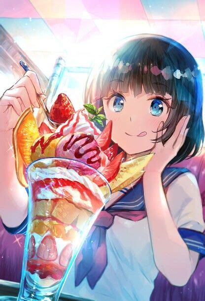 Anime Art~♡ Food Eating Ice Cream Parfait Excited Dessert