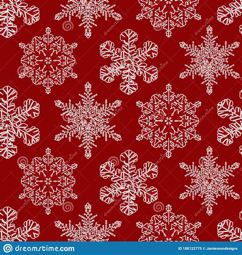 Vector Red Monochrome Rows Of Large Snowflakes Seamless Background