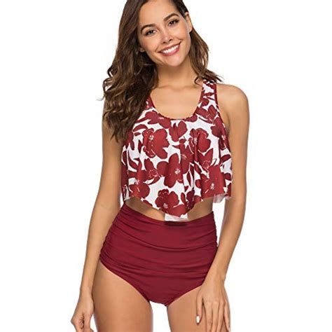 Womens Floral Printed Ruffle High Waisted Bikini Set Red Flowers