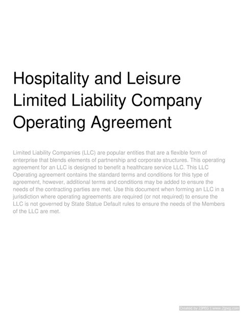 Hospitality And Leisure Limited Liability Company Operating Agreement