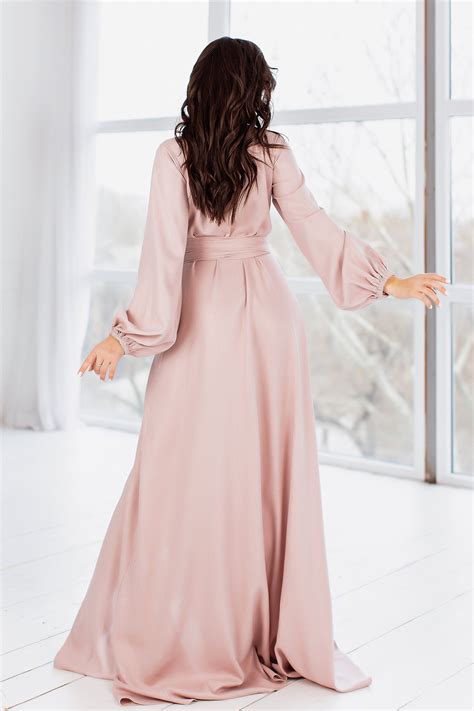 Blush Pink Linen Wrap Dress Long Sleeve Floor Length Etsy