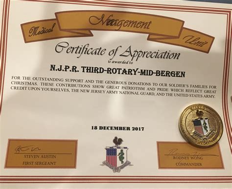 CERTIFICATE OF APPRECIATION | Rotary Club of Mid-Bergen County