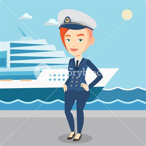 Caucasian Captain On The Background Of Sea And Cruise Ship Smiling