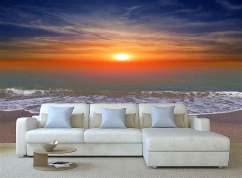 3d Wall Prints Sunset Over Ocean Beach Photo Art Wallpaper